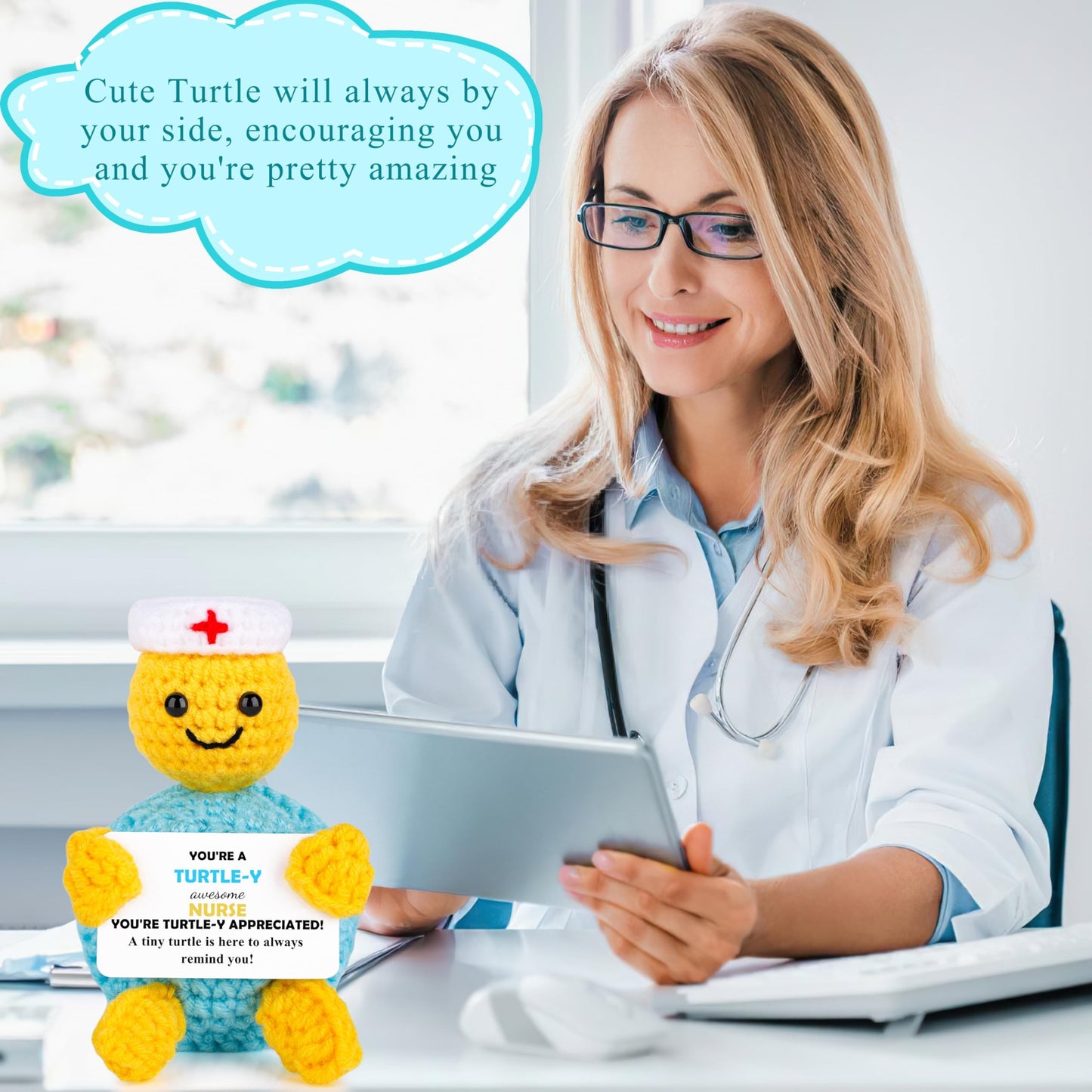 JoycuFF Nurse Graduation Gifts - Funny Turtle Nurses Appreciation Gifts for Women Men Thank You Nurse Week Gift Graduation Gift Handmade Emotional Positive Nurses Crochet