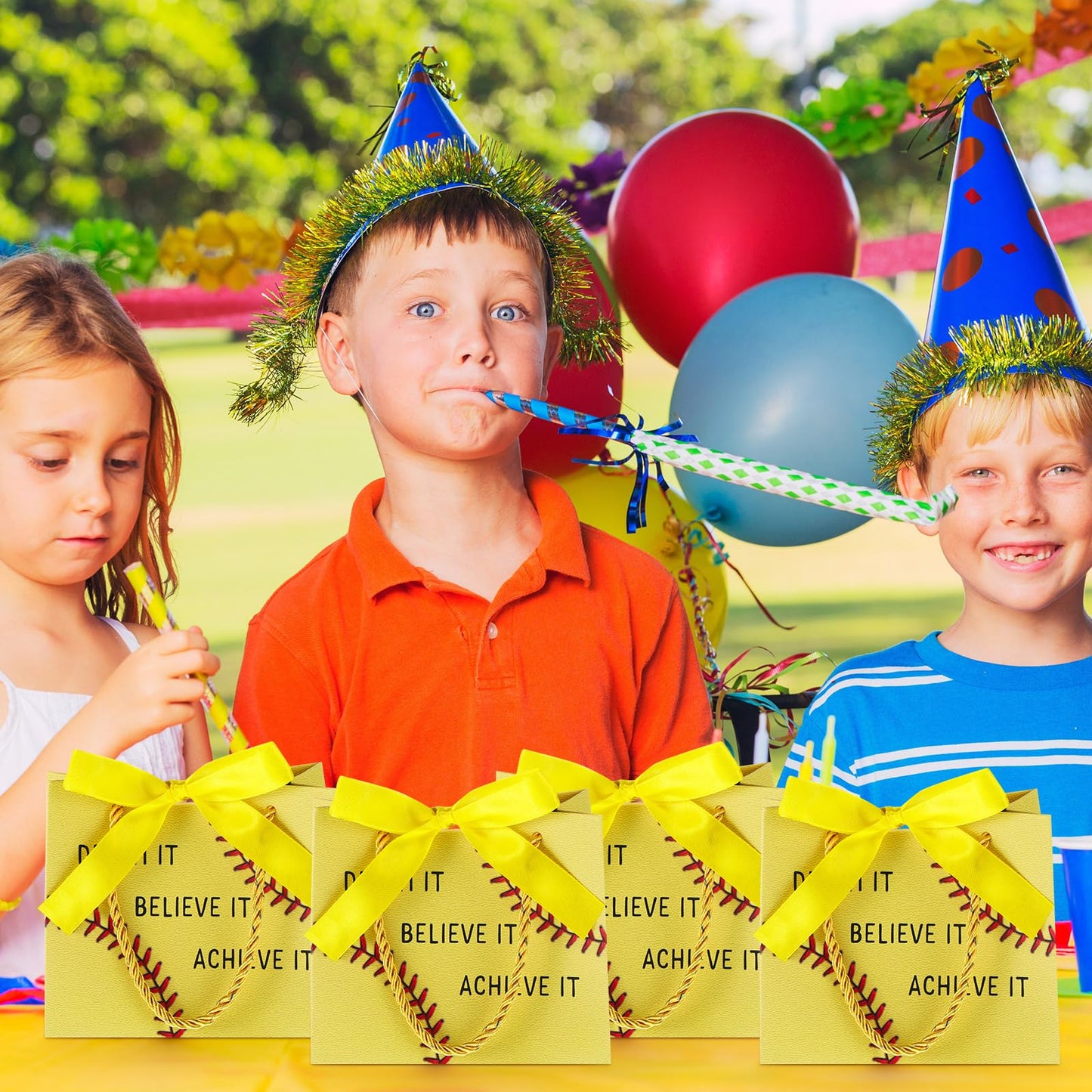 Marspark 20 Pcs Softball Graduation Party Gift Bags with Handle Ribbon Softball Goodie Treat Bags 5.5 x 4.7 x 2.3'' Inspirational Sports Theme Handbags End of Year Gift for Sports Birthday Classroom