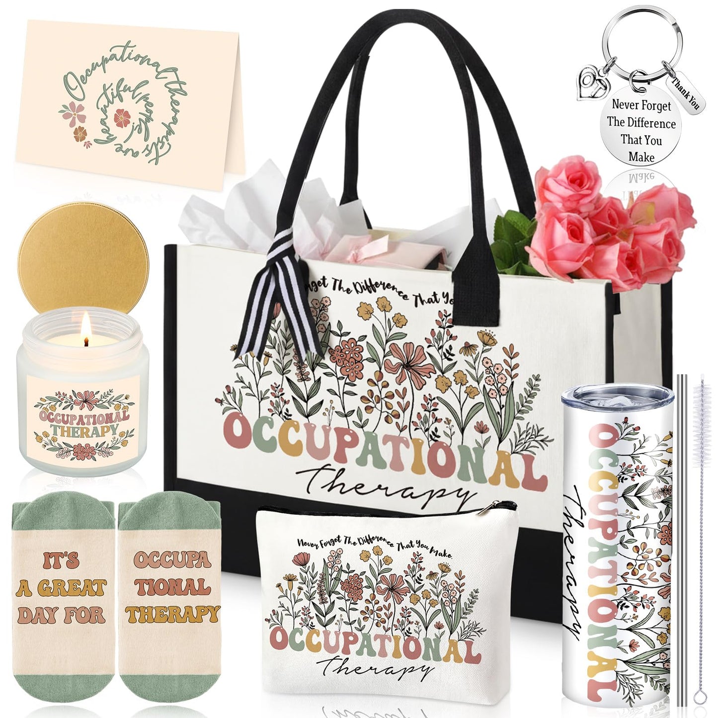 Patelai 7 Pcs Occupational Therapy Gifts for Women 2026 Ot Gifts with 20 oz Tumbler Canvas Tote Bag Makeup Bag Occupational Therapist Speech Appreciation Gift Set for National Ot Month