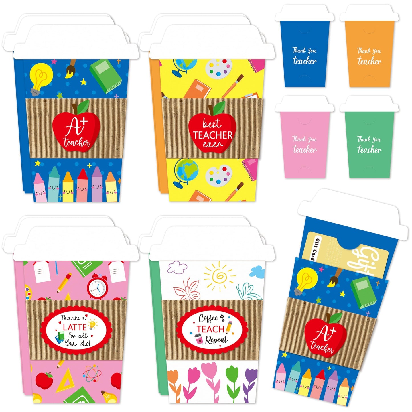 ANGOLIO 12 Teacher Appreciation Coffee Gift Card Holders, Practical Teachers's Day Cup Envelopes are well-made for a Note Cash, Unique Thank You Greeting Cards for Educators Graduations Back to School