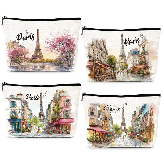 Paris Gifts Travel Essentials - 4Pcs Paris City Travel Makeup Bag, France Eiffel Tower Watercolor Cosmetic Bags with Zipper, Vacation Trip Pouch Souvenirs Gifts for Travellers Women Girls
