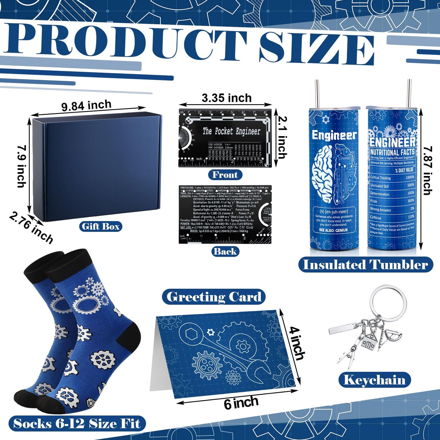 Geiserailie 6 Pcs Graduation Engineer Gifts Set for Men Include Tumbler Cup, Engineering Ruler, Socks, Keychain, Greeting Card, Gift Box for Mechanical Engineering Student Retirement Graduation
