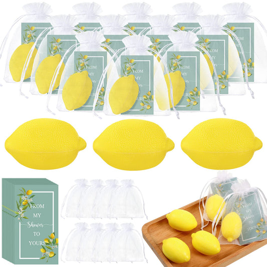Lounsweer Set of 20 Wedding Lemon Soap Gift Favors Natural Lemon Shaped Soap Bar from My Shower to Yours Cards White Organza Bags for Guests Return Gifts Baby Bridal Shower Party Favor Decorations