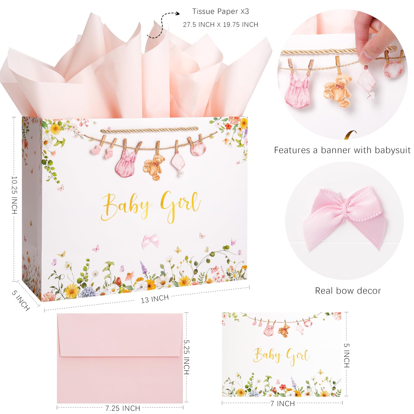Crisky 13" Large Baby Shower Gift Bag with Tissue Paper, Gift Card and Bow for Baby Shower Decorations for Girl Kids Birthday Gifts(Features a Babysuit Banner and Pink Bow)