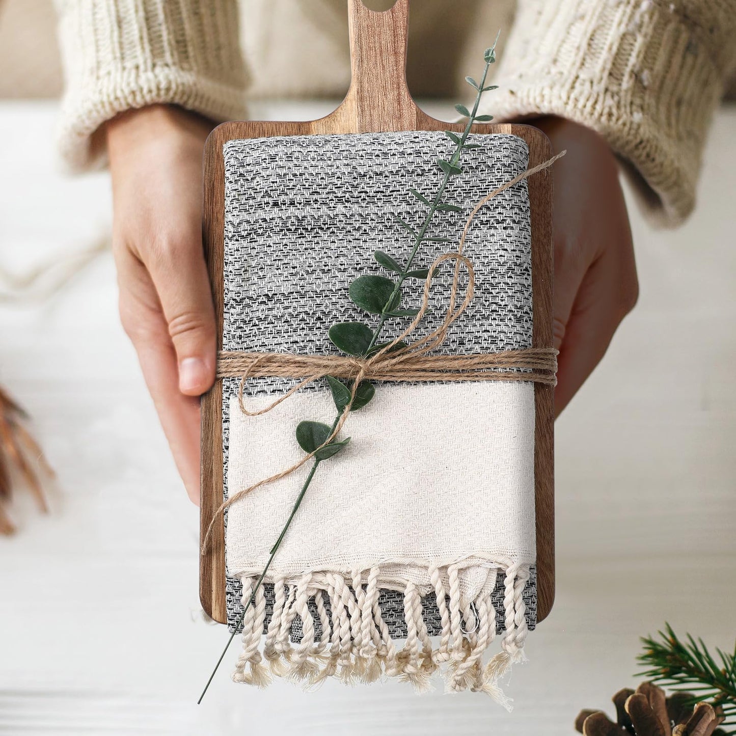 Reallnaive Hostess Gifts Set for Women Housewarming Gifts Include Cutting Board Cotton Turkish Hand Towel Eucalyptus Stem and Hemp Rope for Kitchen Wedding Party New Home Housewarming