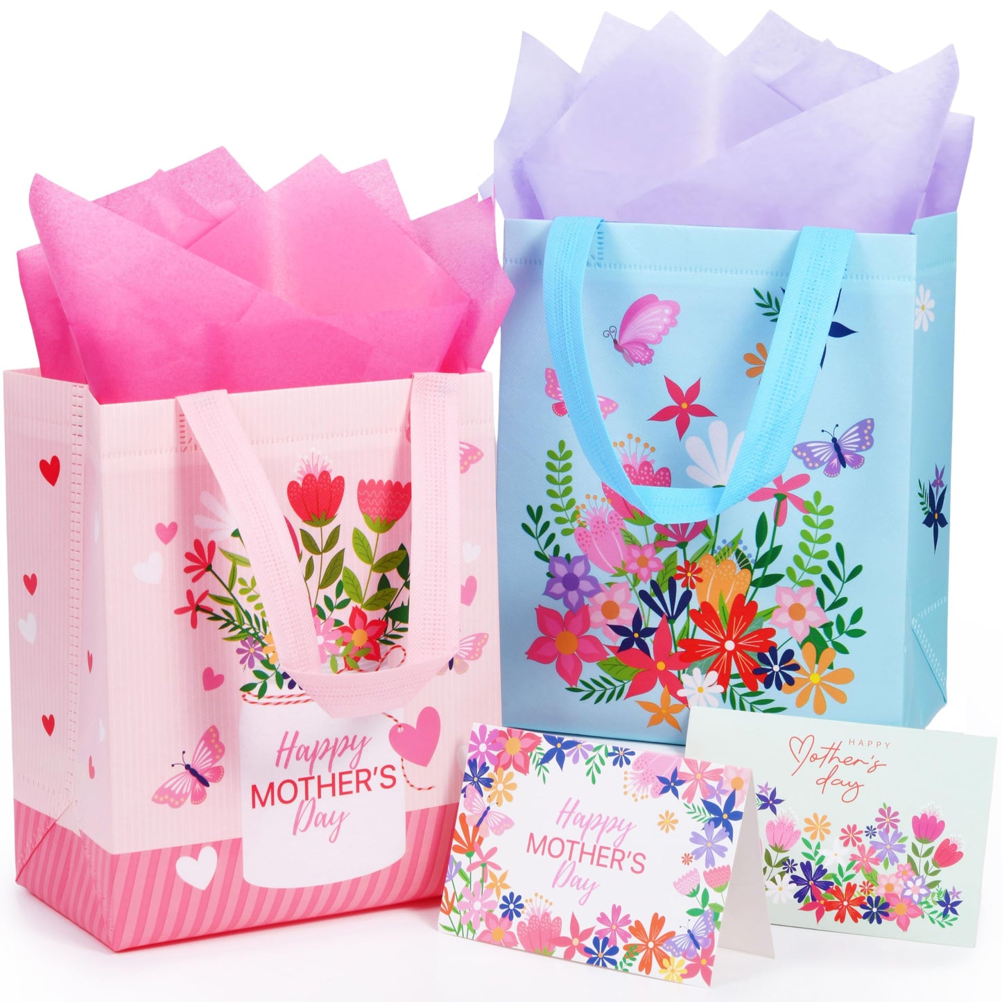 SUNCOLOR Mother's Day Gift Bags with Tissue Paper, Floral Design Non-Woven Material, 10x8x4.7 Inches, Pink and Blue, 2 Pack