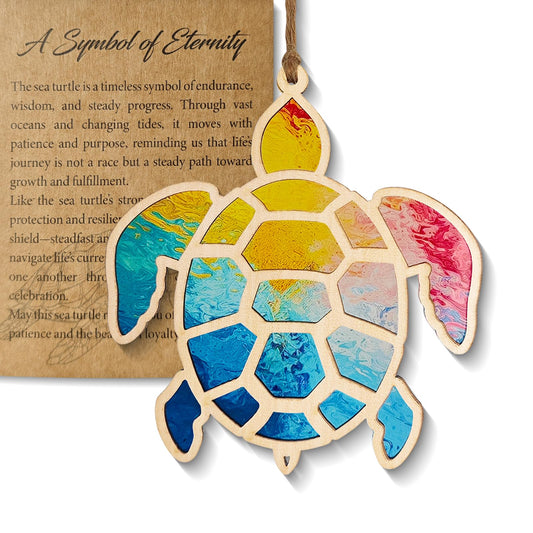 Sea Turtle Gifts for Women, Wooden Turtle Ornament with Stained Glass Style Acrylic, Ocean Theme Decor and Coastal Gifts for Friends and Beach Lovers, Sea Turtle Decor for Christmas Tree (Colorful)
