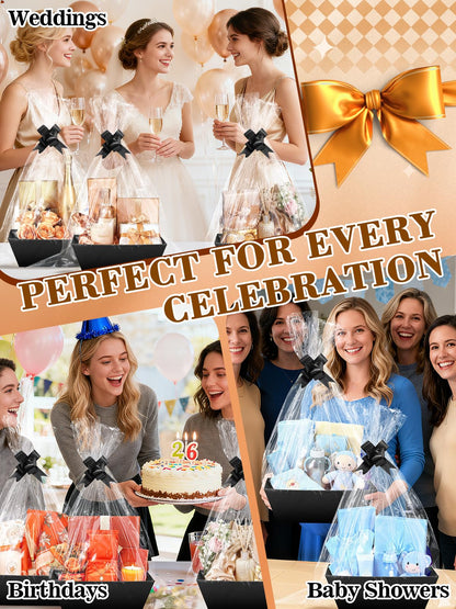 Beeplove 6 Sets Large Thick Kraft Baskets for Gifts Empty - Gift Baskets Empty Kit with Cellophane Wrap and Pull Bows for Wedding Birthday Bridesmaid Baby Shower, Black