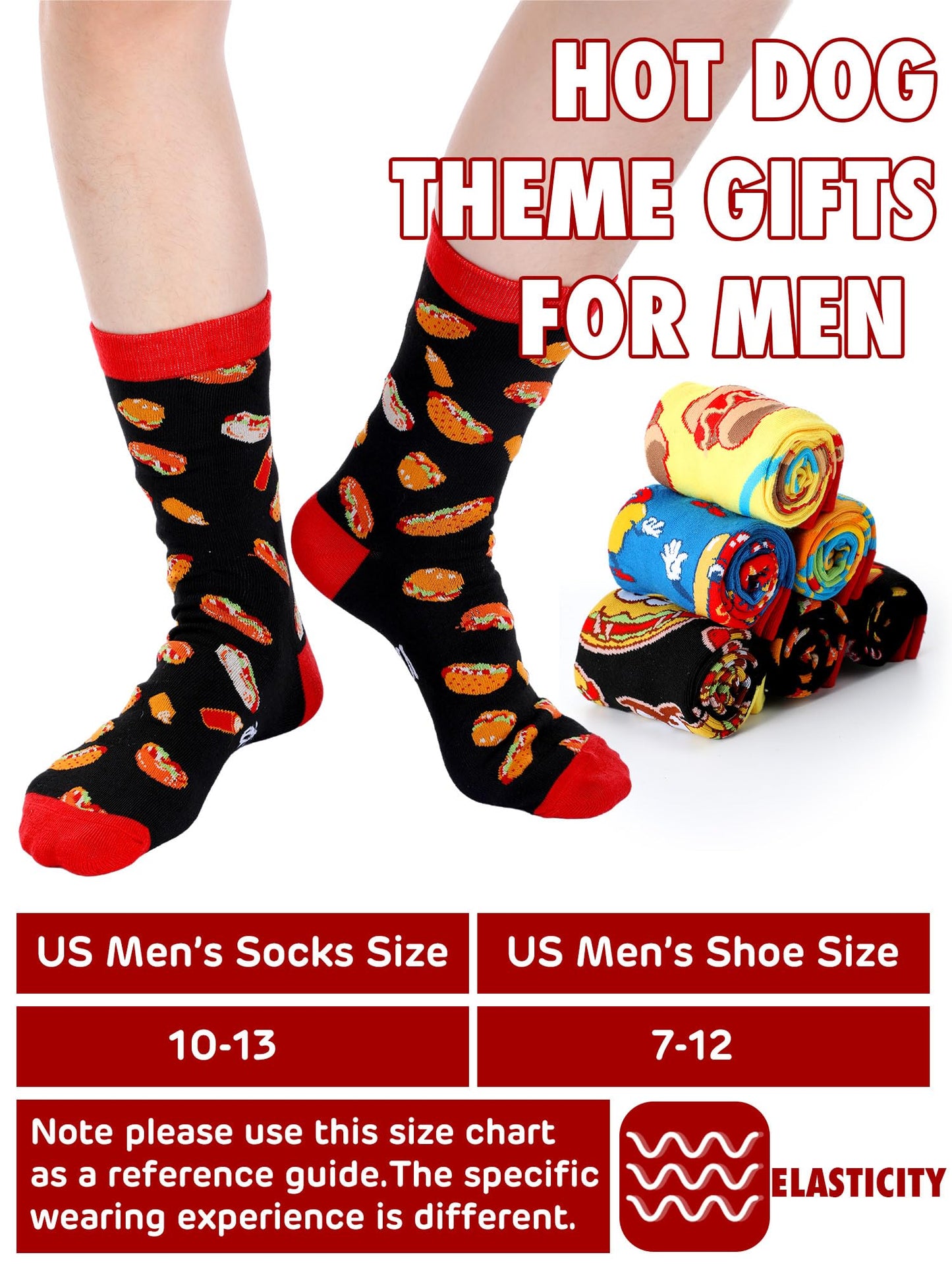 Haysandy 6 Pairs Funny Food Socks for Men Novelty Snack Lover Gift Crazy Design Socks for Pepper Bacon Hot Dogs Burger Pizza