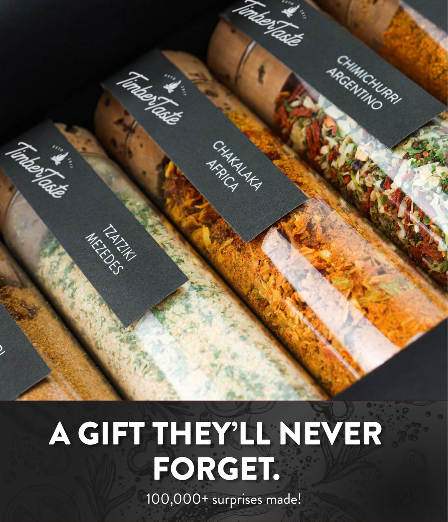 TIMBER TASTE® Gourmet Spice Set - 5 exotic spices and seasonings sets from around the world | gifts for men | gifts for dads | fathers day gift | gift for dad | spice blends | best seasoning set