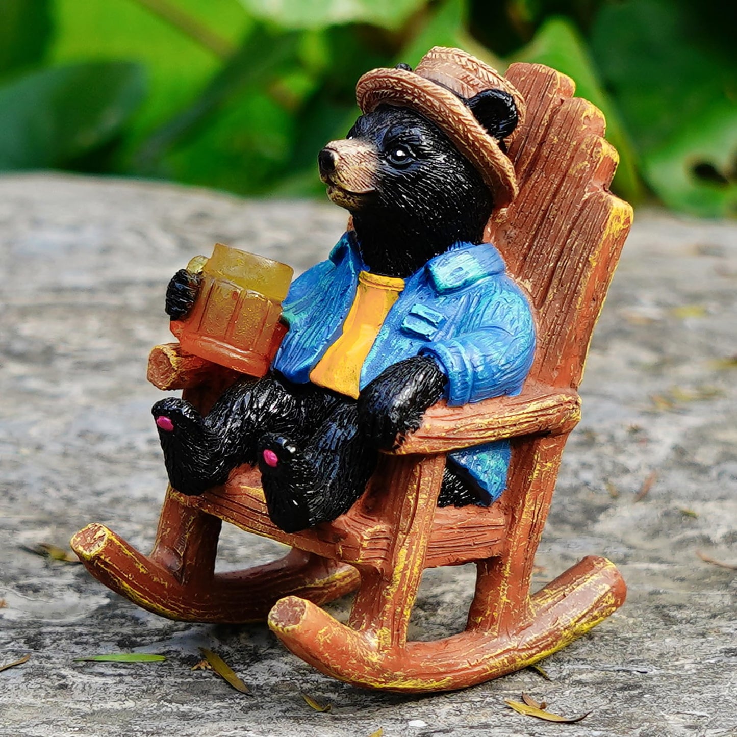 4.3" Miniature Solar Black Bear Garden Statue - Small Funny Bear in Rocking Chair with Glowing Beer Mug, Whimsical Outdoor Figurine for Patio & Desktop, Unique Birthday Gift for Dad/Men