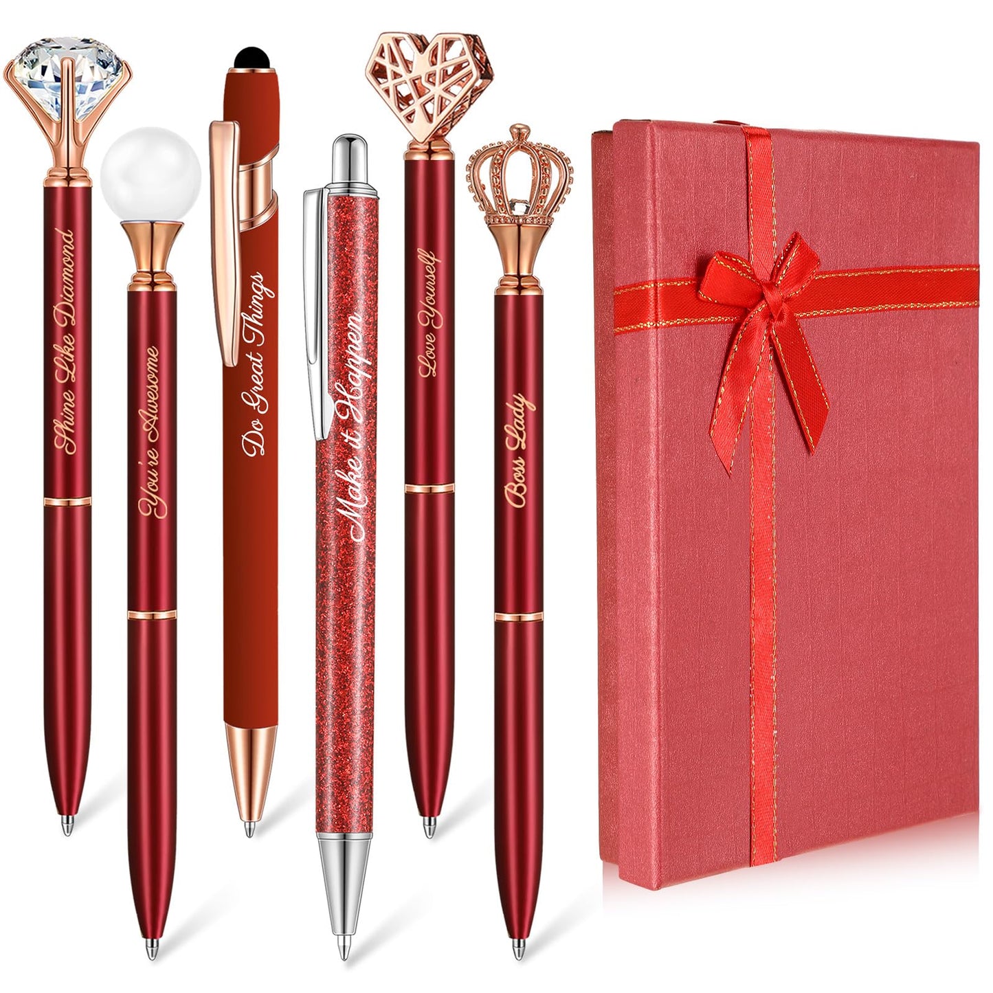 Qeeenar 6 Pcs Fancy Pens for Women Crystal Diamond Pen for Journaling Pretty Glitter Ballpoint with Box Inspirational Gifts for Women Girls College Students Cute Back to School Gifts(Red)