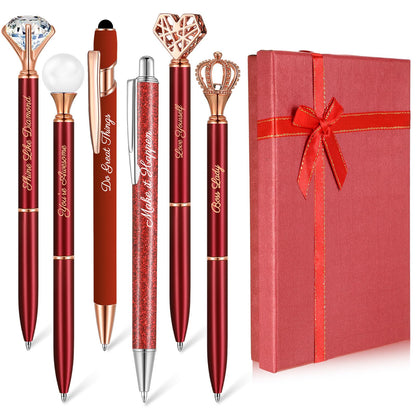 Qeeenar 6 Pcs Fancy Pens for Women Crystal Diamond Pen for Journaling Pretty Glitter Ballpoint with Box Inspirational Gifts for Women Girls College Students Cute Back to School Gifts(Red)
