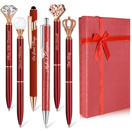 Qeeenar 6 Pcs Fancy Pens for Women Crystal Diamond Pen for Journaling Pretty Glitter Ballpoint with Box Inspirational Gifts for Women Girls College Students Cute Back to School Gifts(Red)