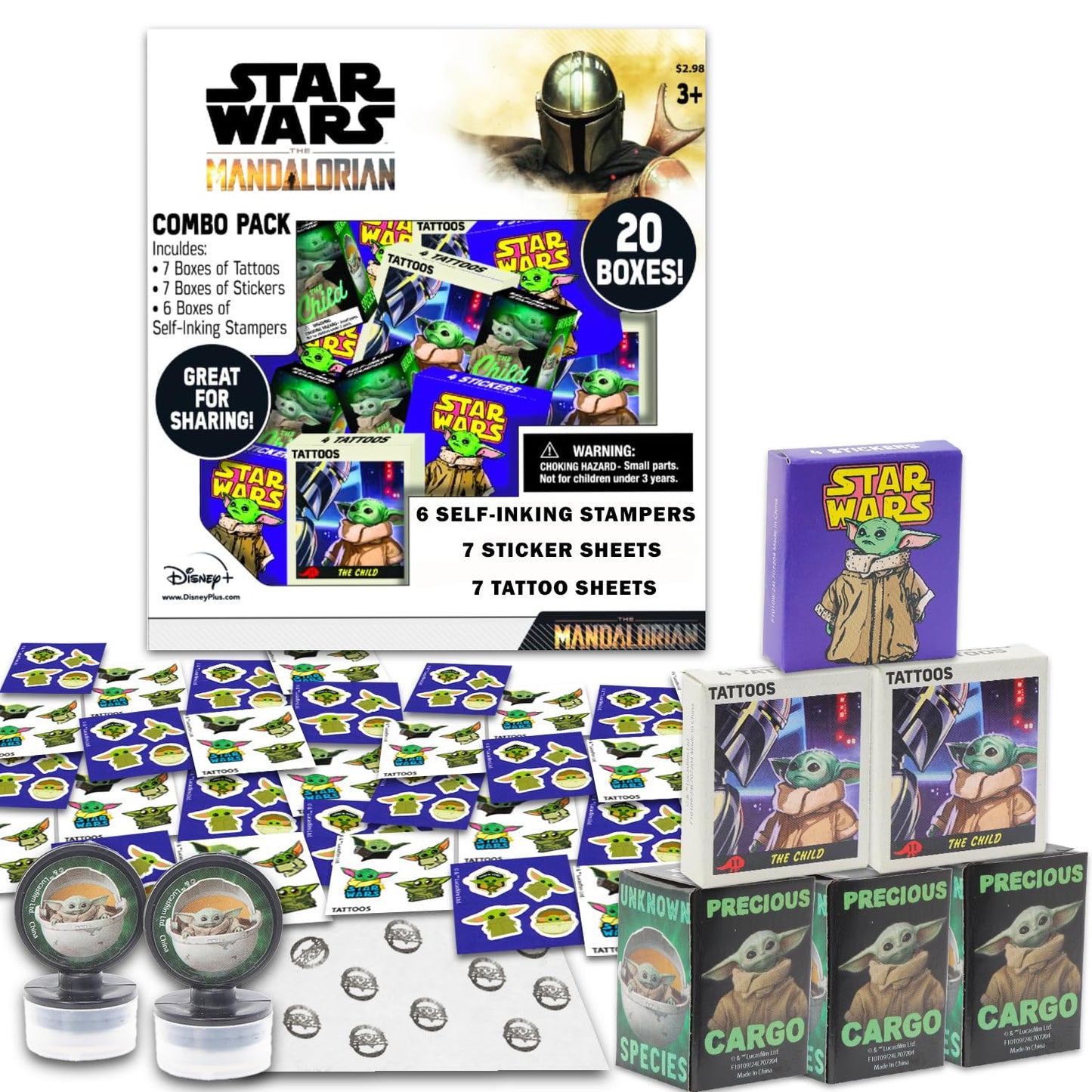 STAR WARS Baby Yoda Party Favors for 20 Guests Bundle ~ 20 Pieces Mandalorian Favor Boxes with Stickers, Tattoos, and Stampers for Kids Birthday Party Party Supplies and Decorations
