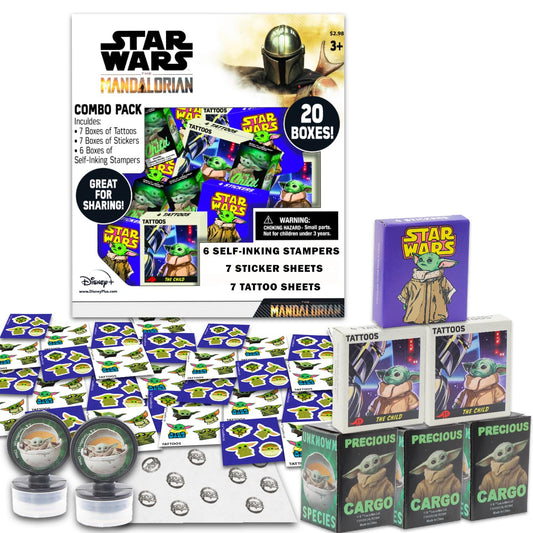 STAR WARS Baby Yoda Party Favors for 20 Guests Bundle ~ 20 Pieces Mandalorian Favor Boxes with Stickers, Tattoos, and Stampers for Kids Birthday Party Party Supplies and Decorations