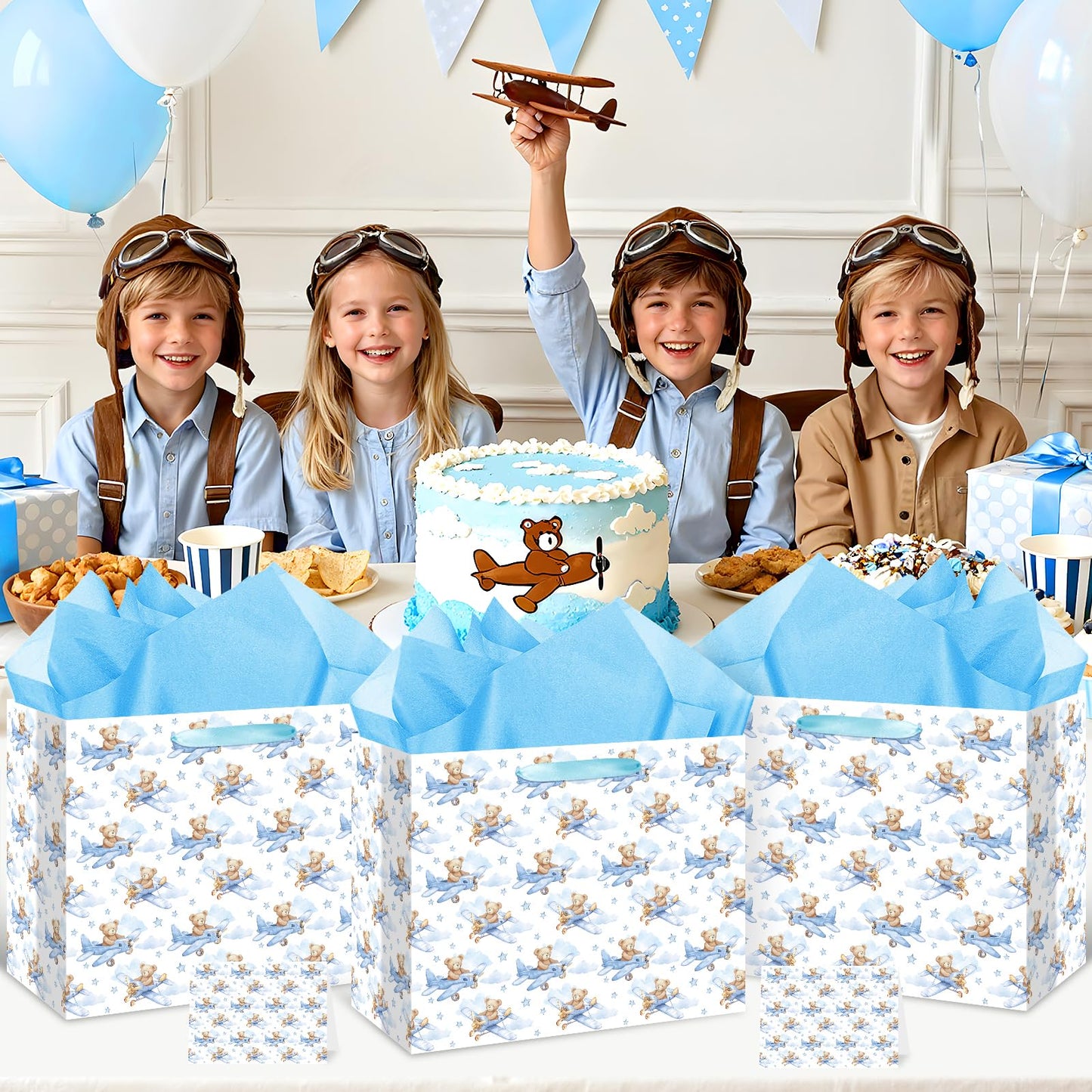 Baby Boy Gift Bag Baby Shower Bags for Boys Kids Blue Bear Wrapping Paper Bag with Handle Tissue Paper and Greeting Card for Kids Birthday Party Decorations Newborn Celebration Favors