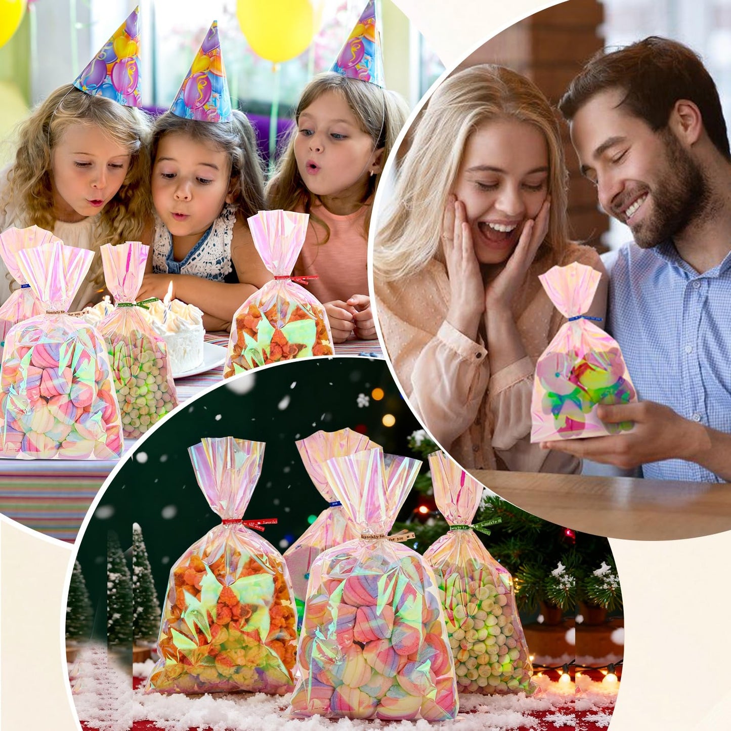 woric 150 PCS Iridescent Cellophane Treat Bags with Ties 6x9 Inch Clear Party Favor Bags Holographic Goodie Bag for Candy Baby Showers Mother's Day Weddings Birthday Party Favors