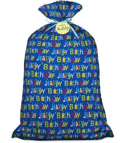 Laidans 56" Extra Large Blue Plastic Gift Bag, Jumbo Happy Birthday Gift Bag with Tag and Tie for Boy Kids Birthdays Parties or Holiday