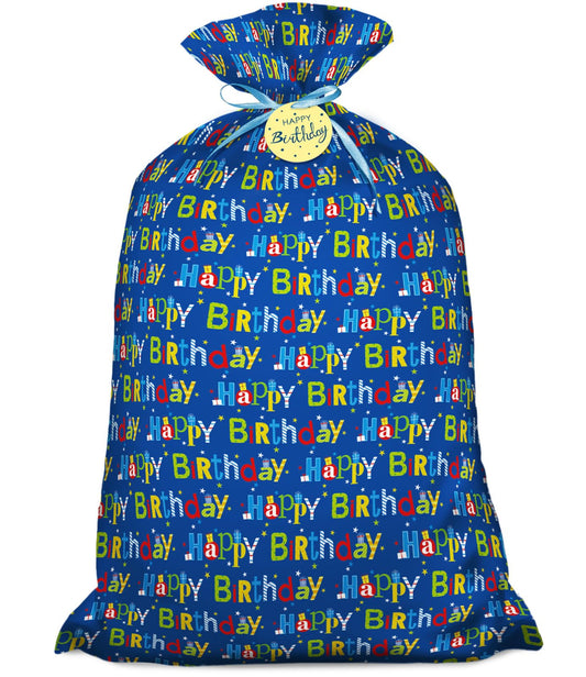 Laidans 56" Extra Large Blue Plastic Gift Bag, Jumbo Happy Birthday Gift Bag with Tag and Tie for Boy Kids Birthdays Parties or Holiday