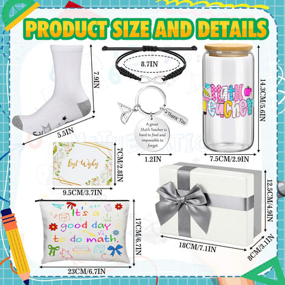 Remerry 7 Pcs Math Teacher Appreciation Gifts Include 16 oz Glass Cup Cosmetic Bag Socks Keychain Bracelet Card and Gift Box Ideas Thank You Basket for Math Teacher from Students