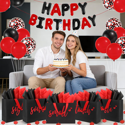 Addblu 5 Senses Gift Bags for Him with Labels Tissue Paper And Handles, 12.6"X8.7"X4" Includes Birthday Decoration Banner, Balloons, Rose Petals & Cards for Him or Her, Husband or Boyfriend (Black with red lettering)