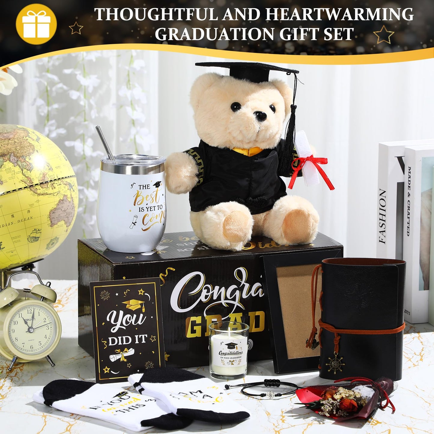 FoldTier Graduation Gifts 2026, Congrats Grad Gift Box Set with Wine Tumbler, Bear, Candle, Notebook, Photo Frame, Socks, Bracelet and Card for College High School, Classic Black Gold