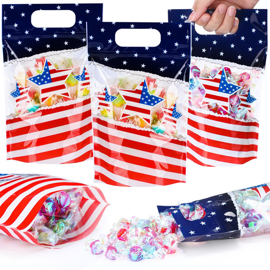 Fuutreo 50 Pcs 250th Anniversary Bags Patriotic Clear Sealed Pouches with Handles Resealable 4th of July Plastic Gift Bag for Independence Day Memorial Labor Day Candy Gift Wrap Supplies Decoration
