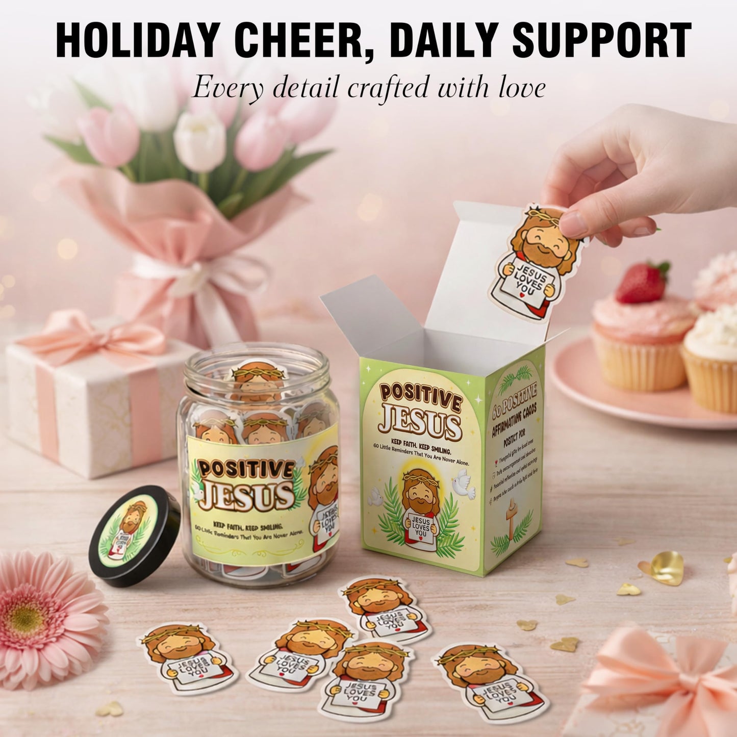 60 Positive Tiny Jesus Cards Jar - Religious Christian Mothers Day Gifts for Mom - Christian Gifts For Mom, Wife, Grandma, Mother In Law - Bible Verse Scripture Cards - Daily Encouragement