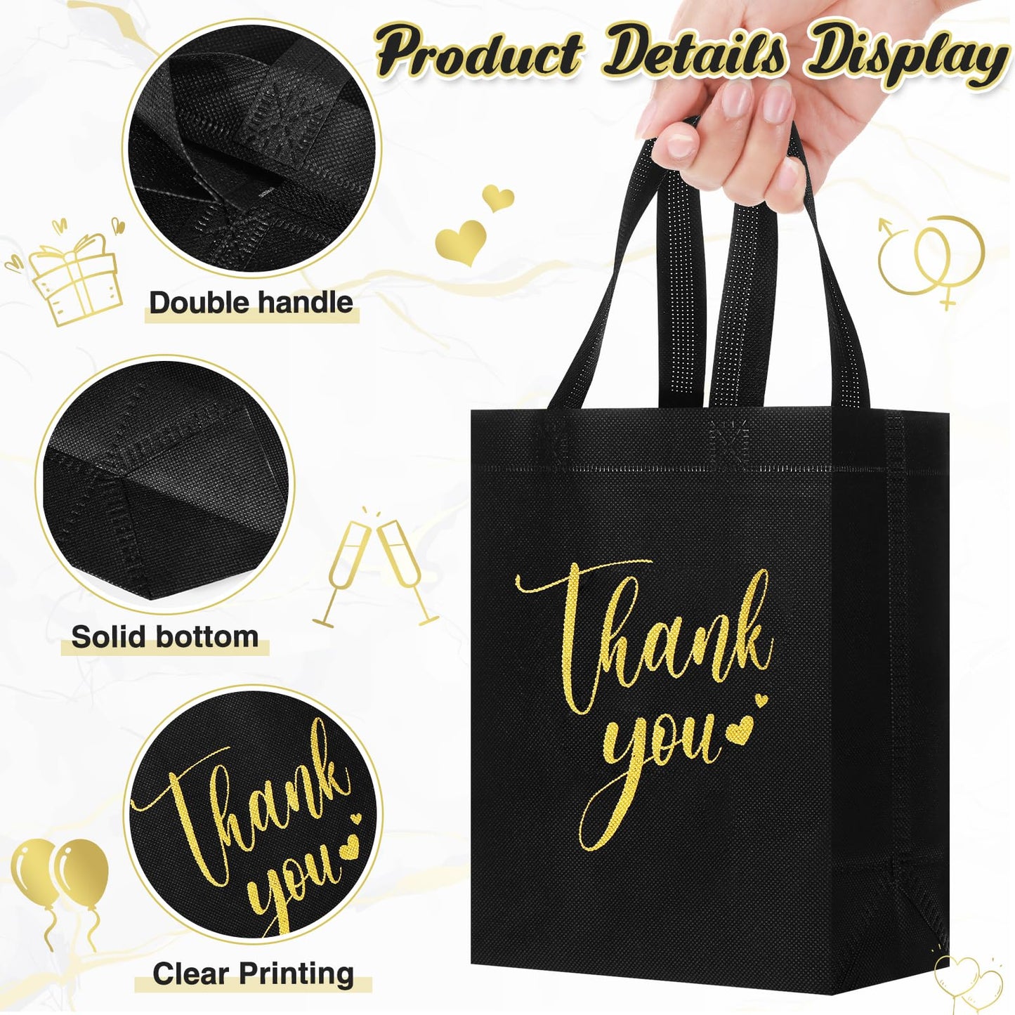 Sweetude 30 Pcs Thank You Gift Bags with Handles, Reusable Non Woven Foldable Goodie Bags Bulk for Graduation Teacher Appreciation Wedding Bridesmaid Favors(10 x 8 x 4 Inch,Black)