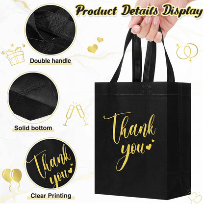 Sweetude 30 Pcs Thank You Gift Bags with Handles, Reusable Non Woven Foldable Goodie Bags Bulk for Graduation Teacher Appreciation Wedding Bridesmaid Favors(10 x 8 x 4 Inch,Black)