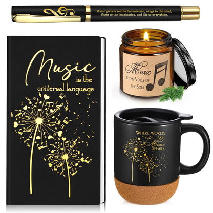 SiliFine 4 Pcs Music Lover Gifts Women Men 15 oz Musician Coffee Mug with Lid Leather Journal Notebook Candle and Pen Set Music Teacher Thank You Gift for Piano Students Birthday Retirement(Black)