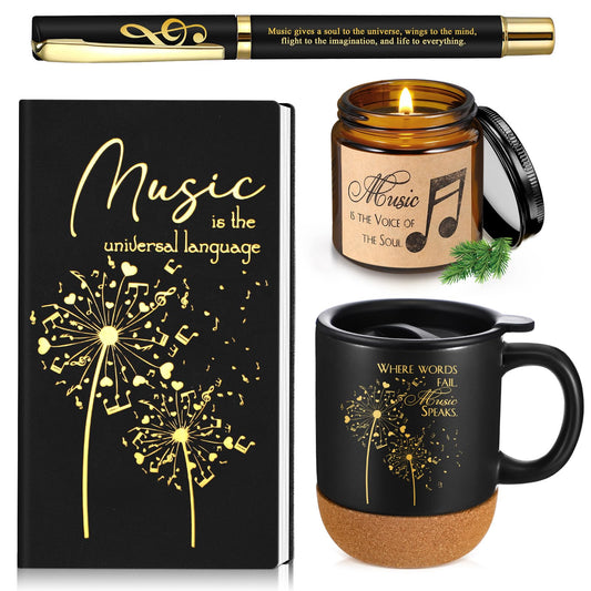 SiliFine 4 Pcs Music Lover Gifts Women Men 15 oz Musician Coffee Mug with Lid Leather Journal Notebook Candle and Pen Set Music Teacher Thank You Gift for Piano Students Birthday Retirement(Black)