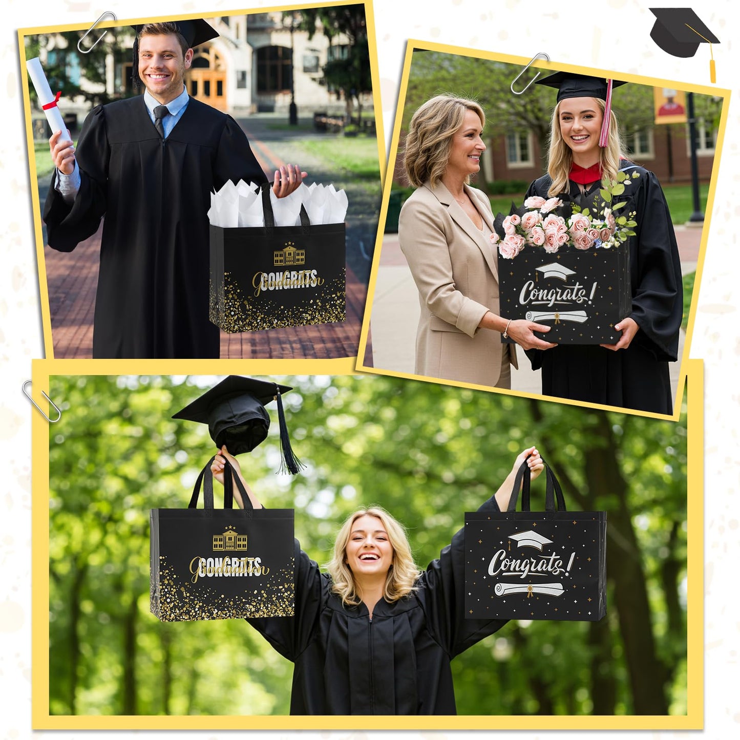 YANGTE 2 Pack 13" Large Graduation Gift Bags with Tissue Paper and Cards, Reusable Non-Woven Graduation Bags with Handle, Congrats Grad Gift Wrap Bags for High School, College