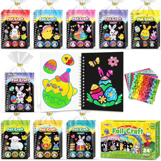 FUNNYB&G Foil Art Party Favors for Kids - 24 Pack Foil Art Crafts Kits Coloring Books, Goodie Bag Stuffers Party Favors for Kids 4-8 8-12, Bulk Easter Classroom Gifts Girls Boys Prizes (Easter)
