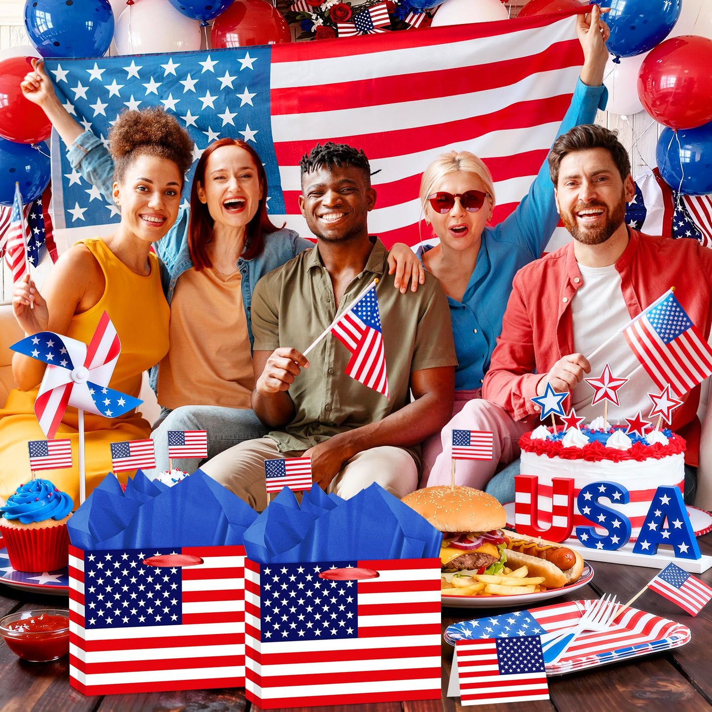 United States US Flag Gift Bag with Card & Wrapping Papers, USA 4th of July Gift Bag Party Decorations American Patriotic for National Day of The United States,Birthday,Souvenirs Goodie Treat Bag