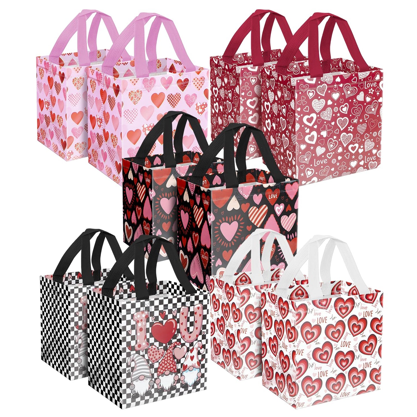 XiaosRen 10PCS Love Heart Valentine's Day Reusable Gift Bags, Non-Woven Valentines Tote Bags with Handles for Presents Wrapping, Kids Valentine Party Favor.