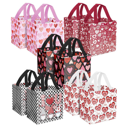 XiaosRen 10PCS Love Heart Valentine's Day Reusable Gift Bags, Non-Woven Valentines Tote Bags with Handles for Presents Wrapping, Kids Valentine Party Favor.