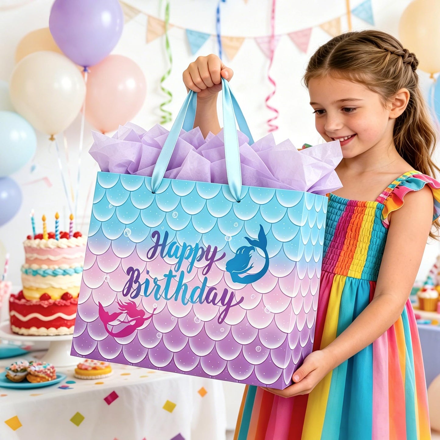 Yusenguan 16.5" Extra Large Mermaid Happy Birthday Gift Bag Set with Tissue Paper, Greeting Card and Handles, Perfect for Kids and Girls’ Birthday Parties