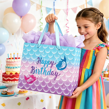 Yusenguan 16.5" Extra Large Mermaid Happy Birthday Gift Bag Set with Tissue Paper, Greeting Card and Handles, Perfect for Kids and Girls’ Birthday Parties
