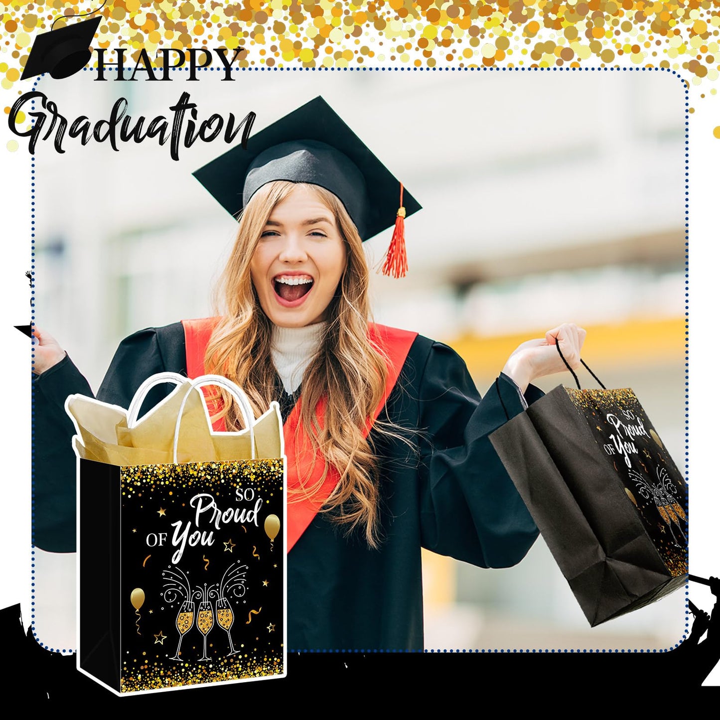 Geyoga 10 Pcs 13'' Large 2026 Graduation Party Favor Bags with Handles and Tissue Papers, Class of 2026 Graduation Gift Bags for High School College Congrats Grad Party Supplies(Black and Gold)