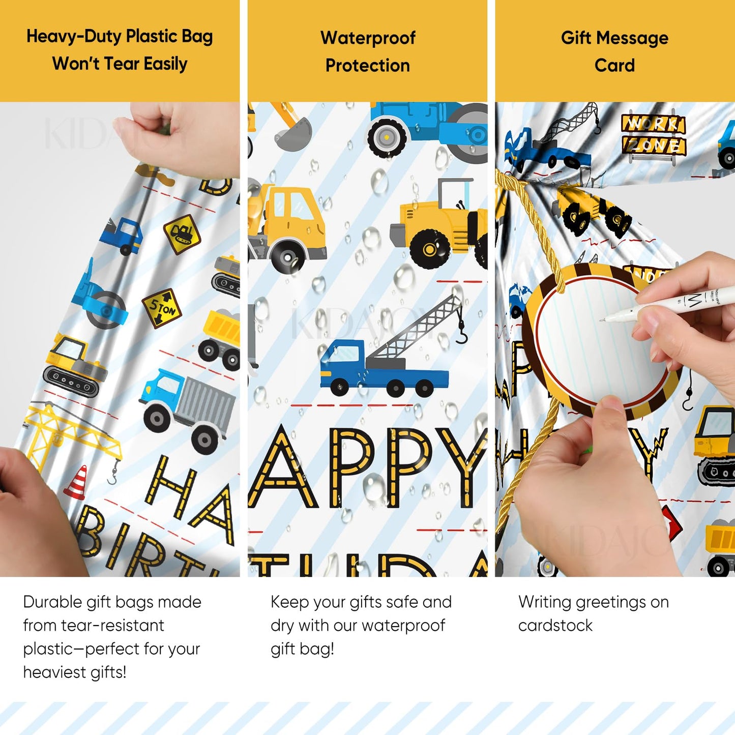 2Pcs Extra Large Construction Birthday Plastic Gift Bag for Boys 36x56 Inch Jumbo Gift Bags Trucks Excavators Cranes Vehicle-Themed Kids Happy Birthday Parties Favors Decorations