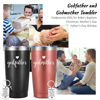 LiqCool Godparents Proposal Gift, Godmother & Godfather 20Oz Tumbler with Keychain & Gift Box Set, Baptism & Christmas(Black & Rose Gold)