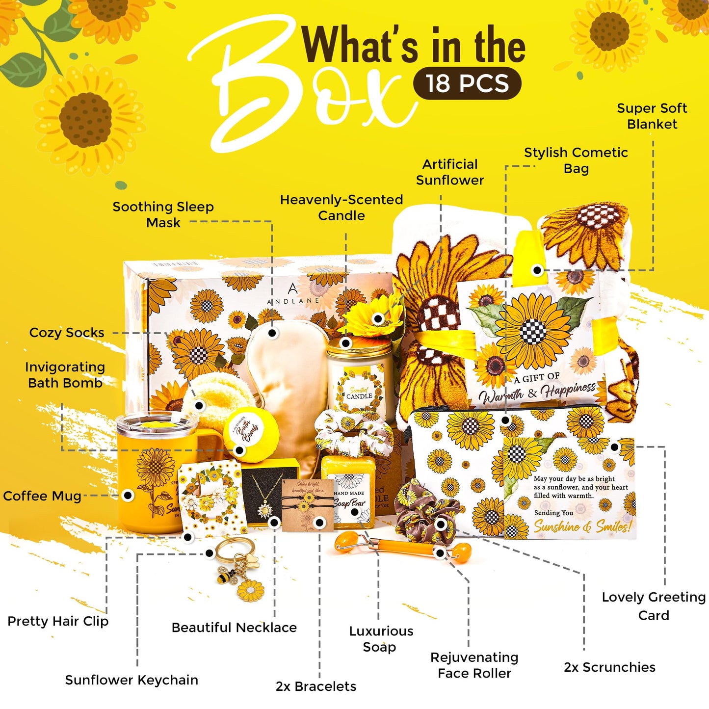 Andlane Sunflower Gifts for Women - Unique Gift Basket Set - Birthday Gifts for Women, Best Friend, or Sister - Sunshine Box Care Package, Get Well Soon, Thinking of You, Friendship Basket 18Pcs Large