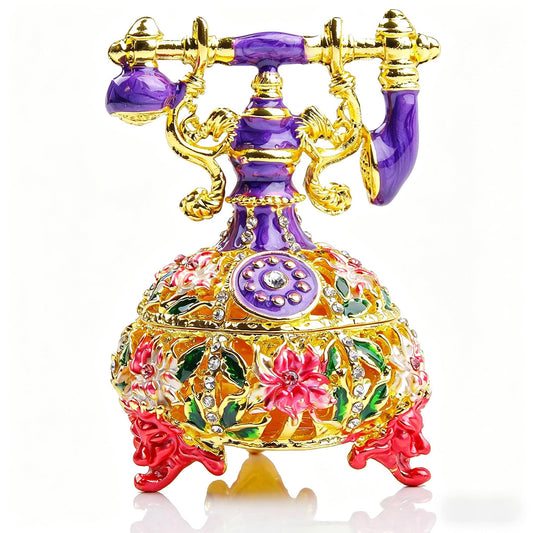 Purple Vintage Telephone Trinket Box, Hand-Painted Enameled Jewelry Box with Rhinestones & Floral Design, Hinged Collectible Figurine, Unique Home Decor & Keepsake Gift for Women/Girls