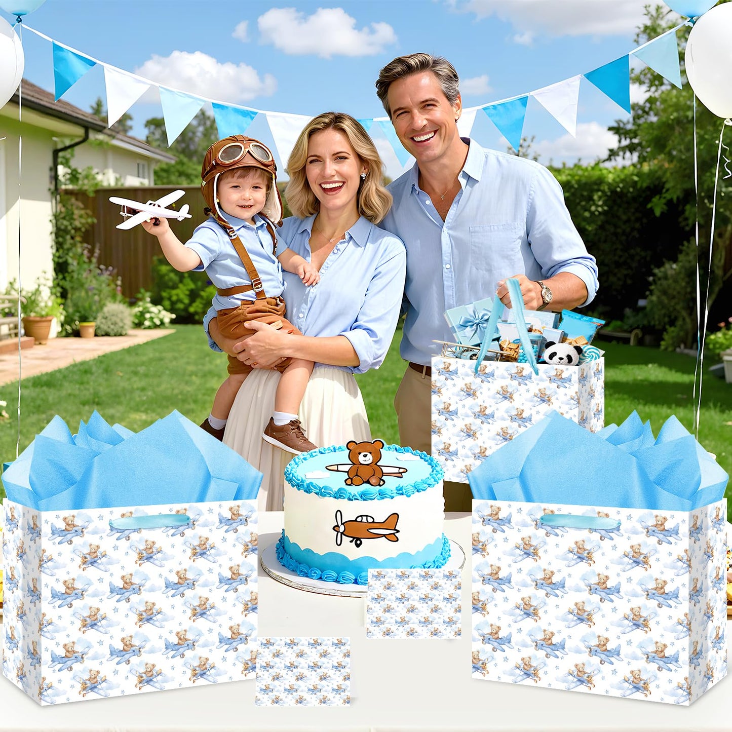 Baby Boy Gift Bag Baby Shower Bags for Boys Kids Blue Bear Wrapping Paper Bag with Handle Tissue Paper and Greeting Card for Kids Birthday Party Decorations Newborn Celebration Favors
