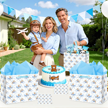 Baby Boy Gift Bag Baby Shower Bags for Boys Kids Blue Bear Wrapping Paper Bag with Handle Tissue Paper and Greeting Card for Kids Birthday Party Decorations Newborn Celebration Favors
