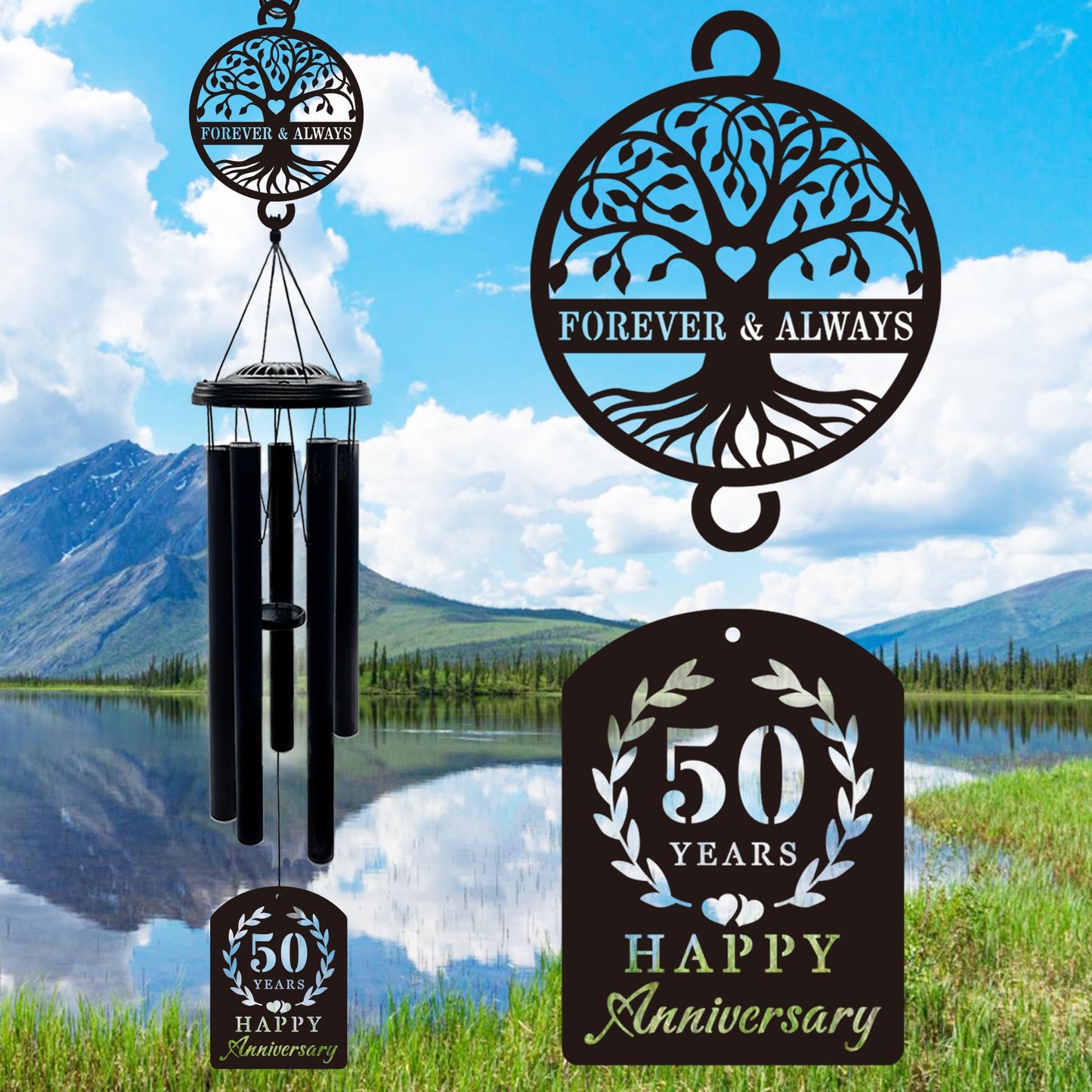 50th Anniversary Wedding Gifts for Couple,37" Golden Wedding Anniversary Wind Chimes, Unique 50 Years Marriage Keepsake for Parents Grandparents Wife Husband Friends (Tree of Life)
