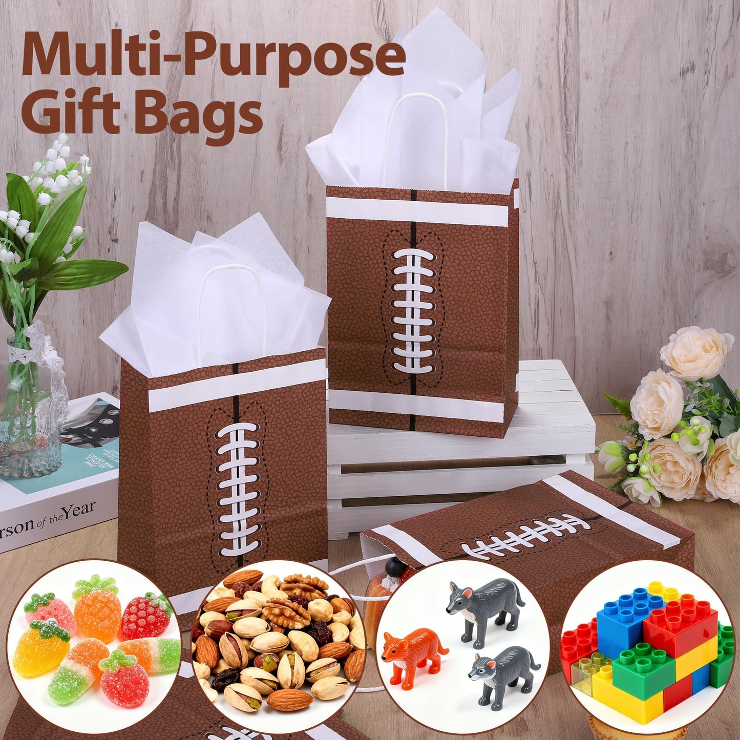 16 Pack Football Party Favor Bags with Handles Paper Treat Goodie Bags with Tissue Paper Reusable Football Theme Gift Bags for Birthday Party Supplies Sports Game Decorations