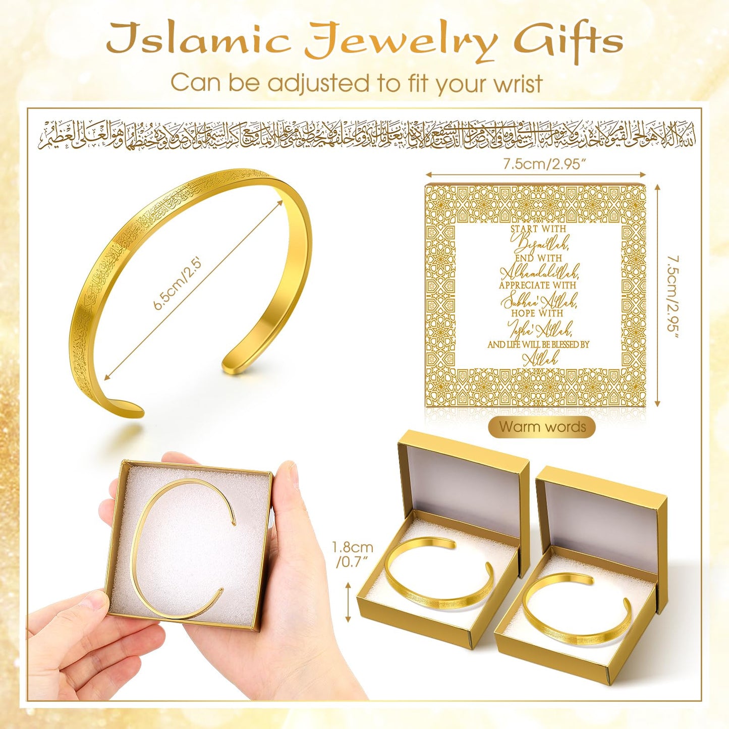 Ferreve 6/12/24 Sets Eid Al-adha Ayatul Kursi Bracelets Bulk Islamic Jewelry Gifts for Women Muslim Eid Mubarak Bracelets Arabic Calligraphy Cuff Gold Bangle with Box for Islamic Party Favor